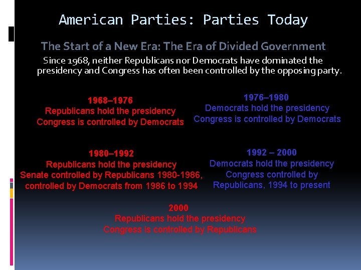 American Parties: Parties Today The Start of a New Era: The Era of Divided