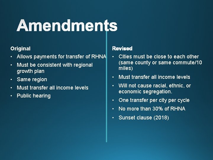 Original • Allows payments for transfer of RHNA • Must be consistent with regional