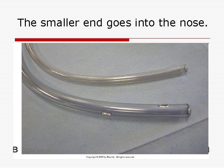 The smaller end goes into the nose. 