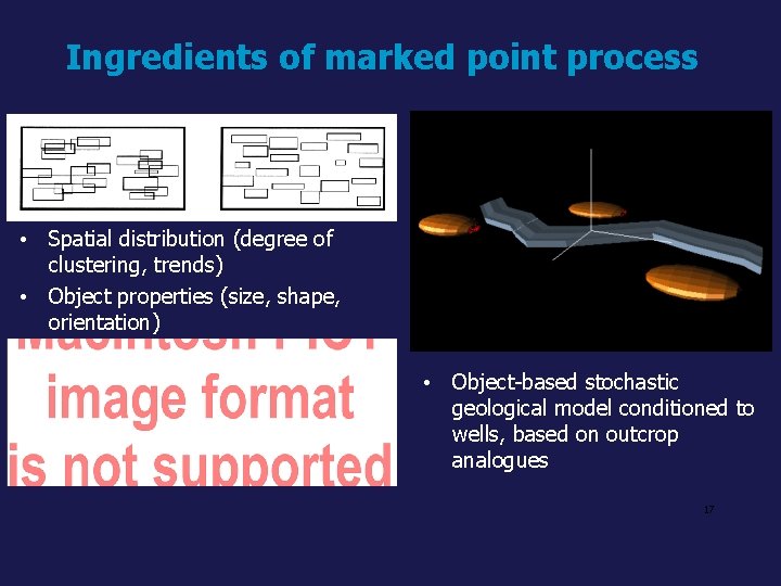 Ingredients of marked point process • Spatial distribution (degree of clustering, trends) • Object
