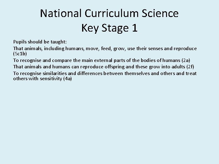 National Curriculum Science Key Stage 1 Pupils should be taught: That animals, including humans,