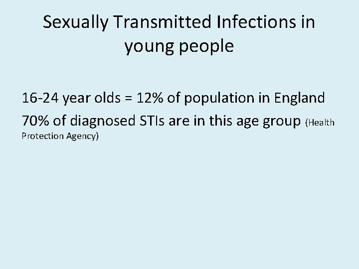 Sexually Transmitted Infections in young people 16 -24 year olds = 12% of population
