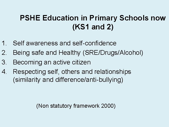 PSHE Education in Primary Schools now (KS 1 and 2) 1. 2. 3. 4.