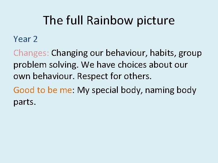 The full Rainbow picture Year 2 Changes: Changing our behaviour, habits, group problem solving.