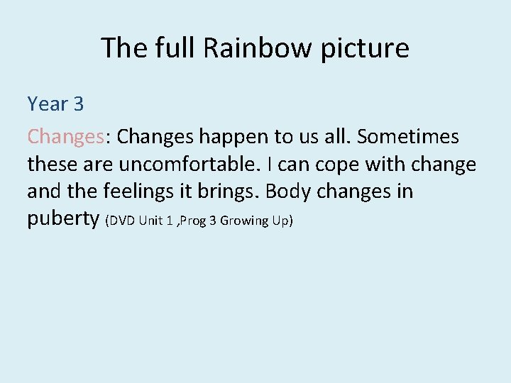 The full Rainbow picture Year 3 Changes: Changes happen to us all. Sometimes these