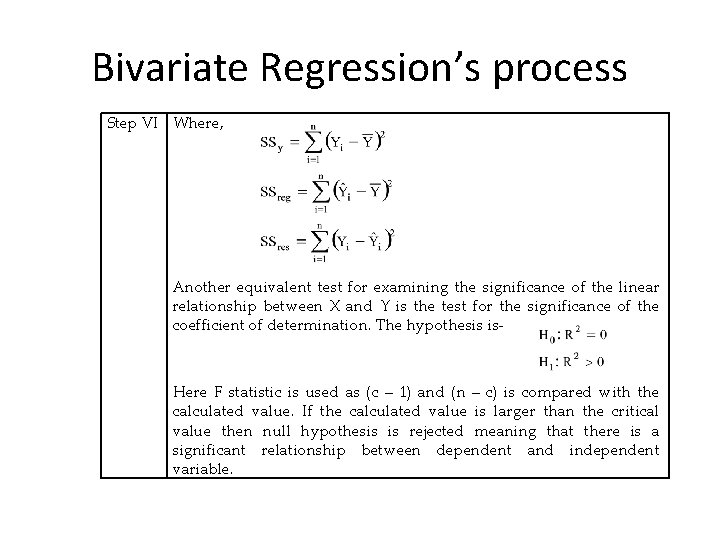 Bivariate Regression’s process Step VI Where, Another equivalent test for examining the significance of