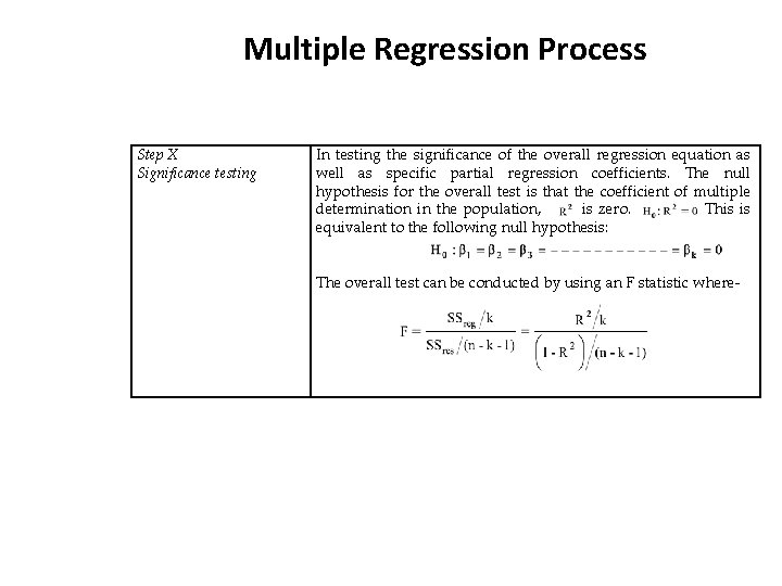 Multiple Regression Process Step X Significance testing In testing the significance of the overall