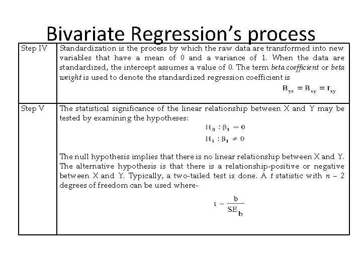 Bivariate Regression’s process Step IV Standardization is the process by which the raw data