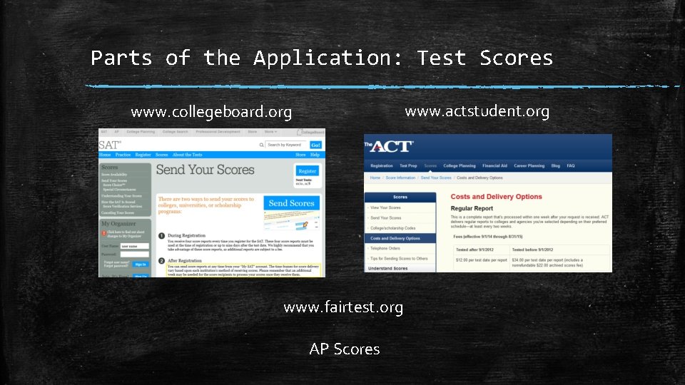 Parts of the Application: Test Scores www. actstudent. org www. collegeboard. org www. fairtest.