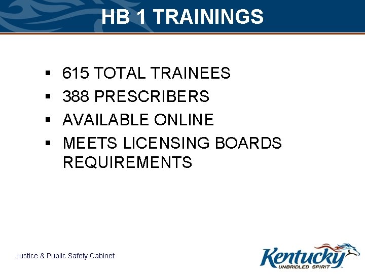 HB 1 TRAININGS § § 615 TOTAL TRAINEES 388 PRESCRIBERS AVAILABLE ONLINE MEETS LICENSING