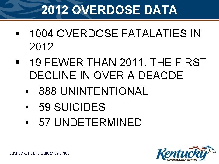 2012 OVERDOSE DATA § 1004 OVERDOSE FATALATIES IN 2012 § 19 FEWER THAN 2011.