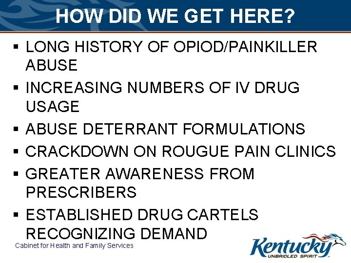 HOW DID WE GET HERE? § LONG HISTORY OF OPIOD/PAINKILLER ABUSE § INCREASING NUMBERS