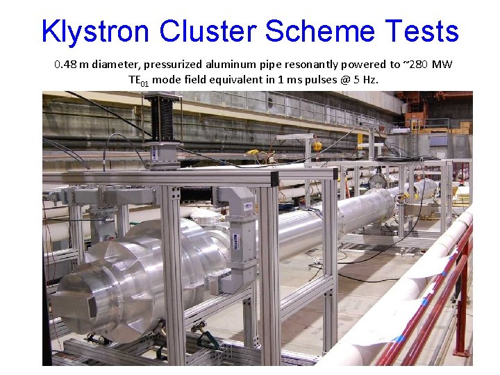 Klystron Cluster Scheme Tests 0. 48 m diameter, pressurized aluminum pipe resonantly powered to
