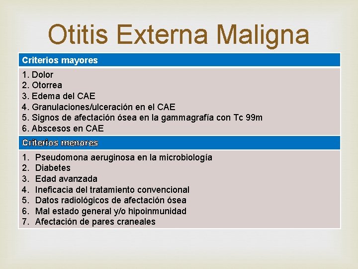 Otitis Externa Maligna Criterios mayores 1. Dolor 2. Otorrea 3. Edema del CAE 4.