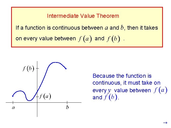 Intermediate Value Theorem If a function is continuous between a and b, then it