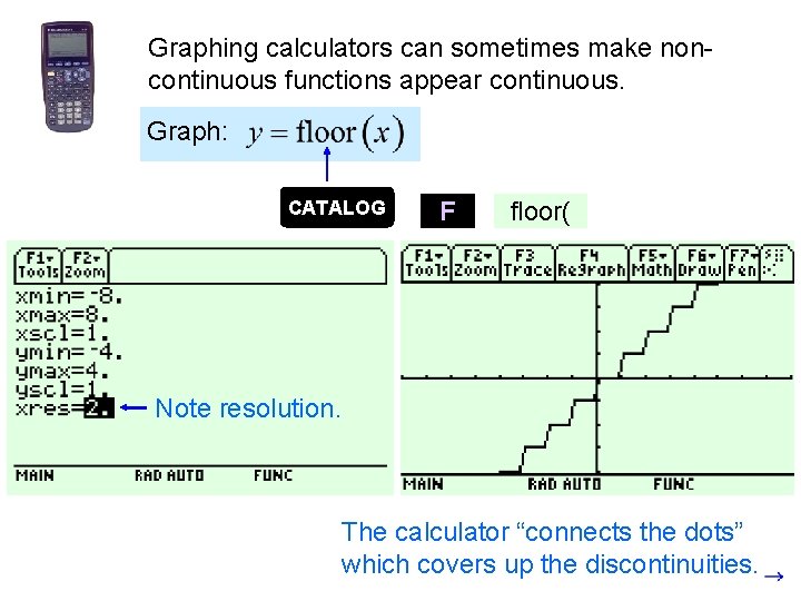 Graphing calculators can sometimes make noncontinuous functions appear continuous. Graph: CATALOG Note resolution. F