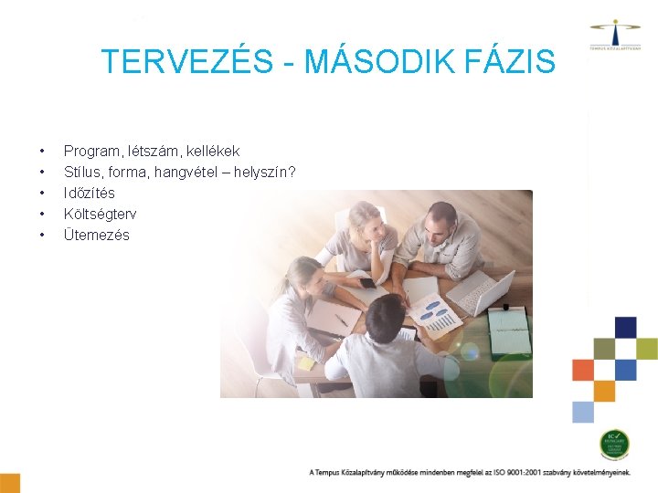 TERVEZÉS - MÁSODIK FÁZIS • • • Program, létszám, kellékek Stílus, forma, hangvétel –