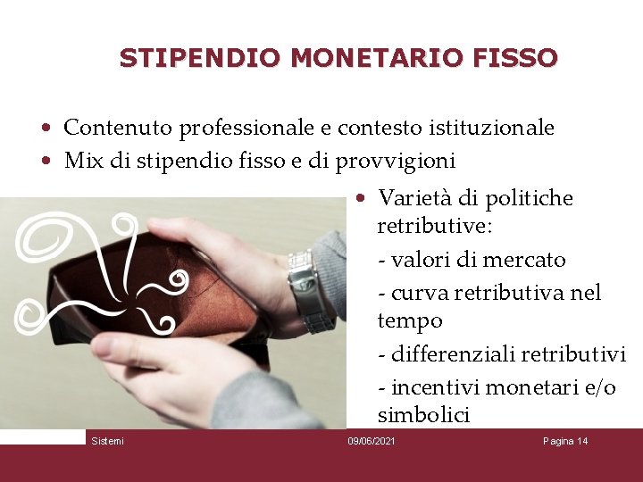 STIPENDIO MONETARIO FISSO • Contenuto professionale e contesto istituzionale • Mix di stipendio fisso