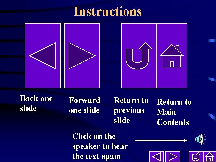 Instructions Back one slide Forward one slide Return to previous Main slide Contents Click