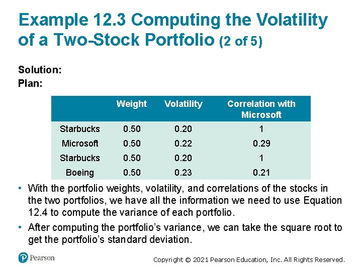 Example 12. 3 Computing the Volatility of a Two-Stock Portfolio (2 of 5) Solution: