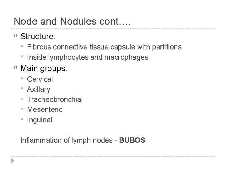 Node and Nodules cont…. Structure: Fibrous connective tissue capsule with partitions Inside lymphocytes and