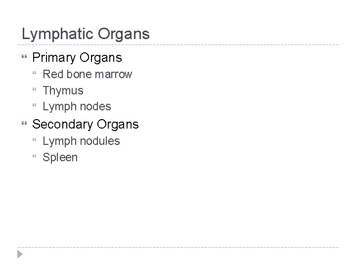Lymphatic Organs Primary Organs Red bone marrow Thymus Lymph nodes Secondary Organs Lymph nodules
