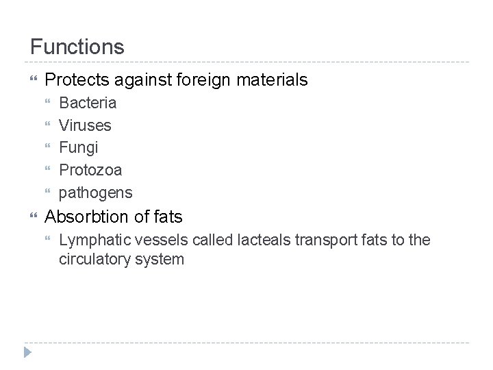 Functions Protects against foreign materials Bacteria Viruses Fungi Protozoa pathogens Absorbtion of fats Lymphatic