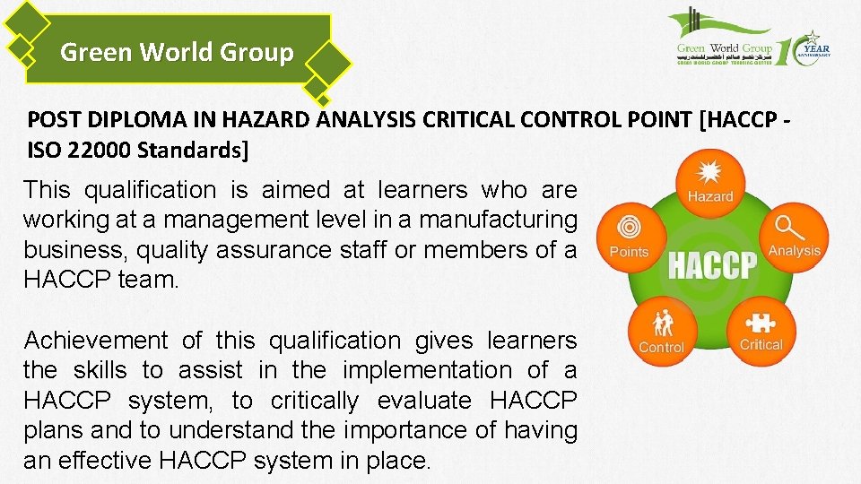 Green World Group POST DIPLOMA IN HAZARD ANALYSIS CRITICAL CONTROL POINT [HACCP ISO 22000