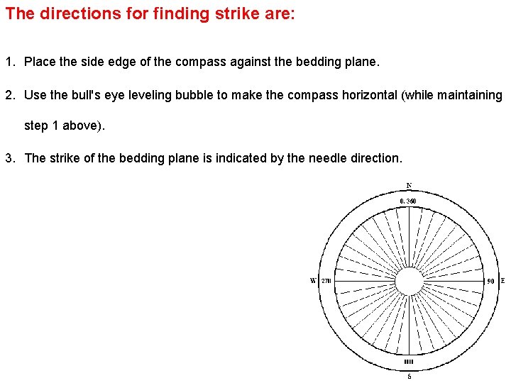The directions for finding strike are: 1. Place the side edge of the compass