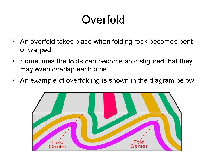 Overfold • An overfold takes place when folding rock becomes bent or warped. •