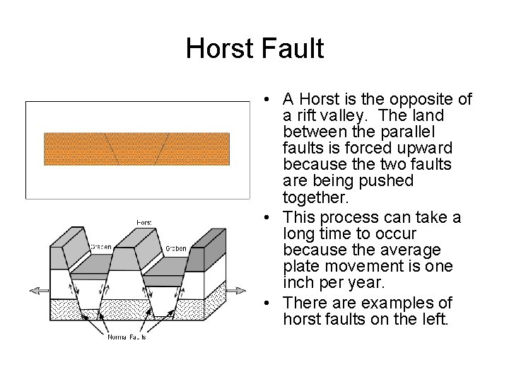 Horst Fault • A Horst is the opposite of a rift valley. The land