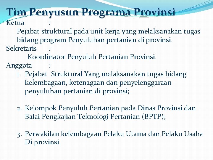 Tim Penyusun Programa Provinsi Ketua : Pejabat struktural pada unit kerja yang melaksanakan tugas