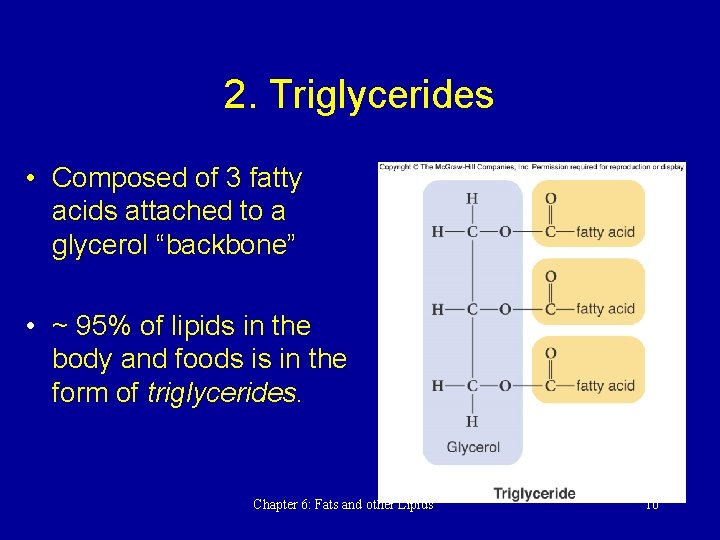 2. Triglycerides • Composed of 3 fatty acids attached to a glycerol “backbone” •