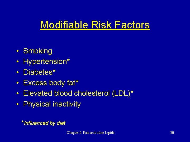 Modifiable Risk Factors • • • Smoking Hypertension* Diabetes* Excess body fat* Elevated blood