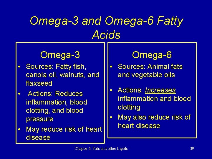 Omega-3 and Omega-6 Fatty Acids Omega-3 • Sources: Fatty fish, canola oil, walnuts, and