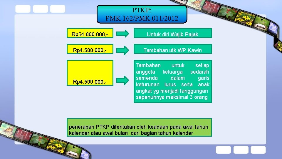 PTKP: PMK 162/PMK. 011/2012 Rp 54. 000, - Untuk diri Wajib Pajak Rp 4.