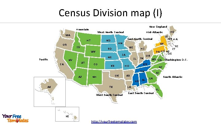 Census Division map (I) New England Mountain West North Central WA MT OR Pacific