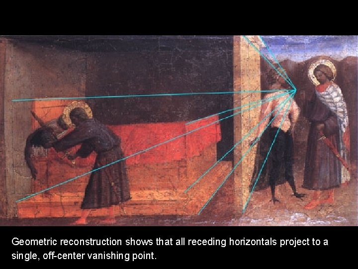 Geometric reconstruction shows that all receding horizontals project to a single, off-center vanishing point. Geometric reconstruction shows that all receding horizontals project to a single, off-center vanishing point.