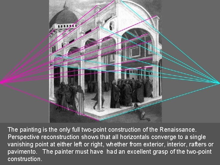 The painting is the only full two-point construction of the Renaissance. Perspective reconstruction shows The painting is the only full two-point construction of the Renaissance. Perspective reconstruction shows
