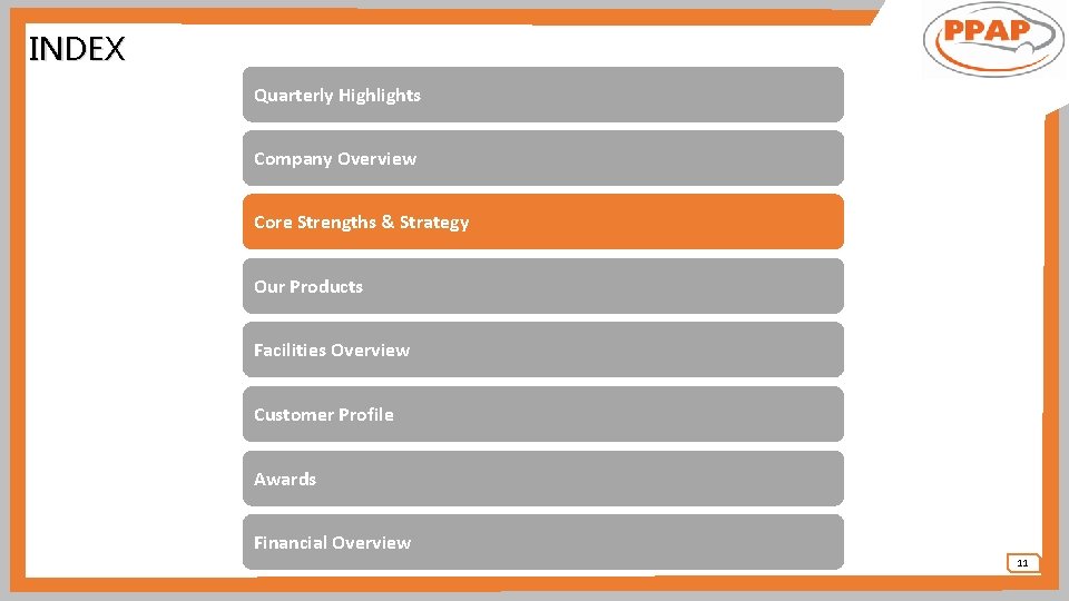 INDEX Quarterly Highlights Company Overview Core Strengths & Strategy Our Products Facilities Overview Customer