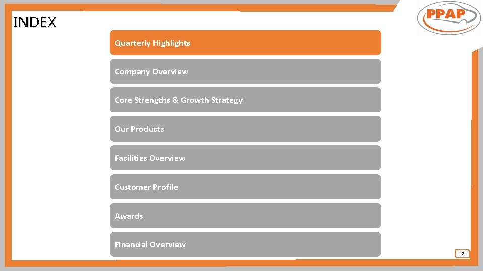 INDEX Quarterly Highlights Company Overview Core Strengths & Growth Strategy Our Products Facilities Overview