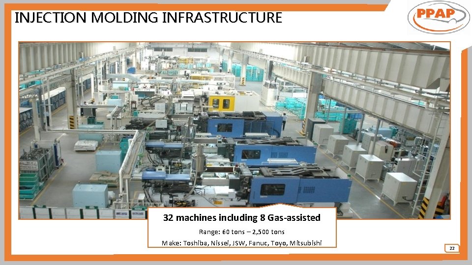 INJECTION MOLDING INFRASTRUCTURE 32 machines including 8 Gas-assisted Range: 60 tons – 2, 500