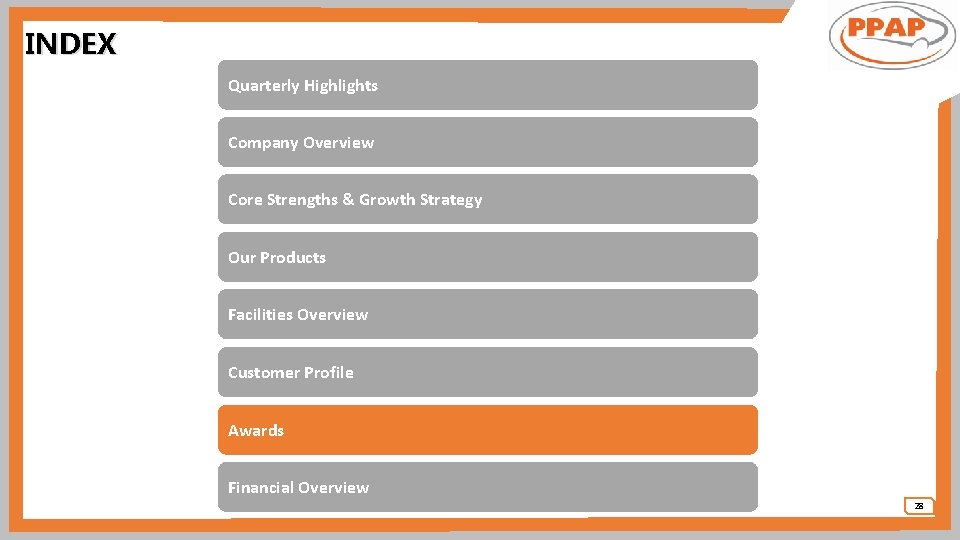 INDEX Quarterly Highlights Company Overview Core Strengths & Growth Strategy Our Products Facilities Overview