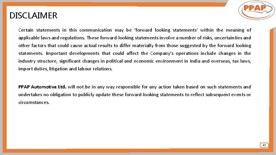 DISCLAIMER Certain statements in this communication may be ‘forward looking statements’ within the meaning DISCLAIMER Certain statements in this communication may be ‘forward looking statements’ within the meaning