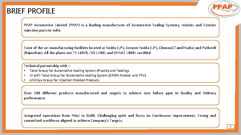 BRIEF PROFILE PPAP Automotive Limited (PPAP) is a leading manufacturer of Automotive Sealing Systems,