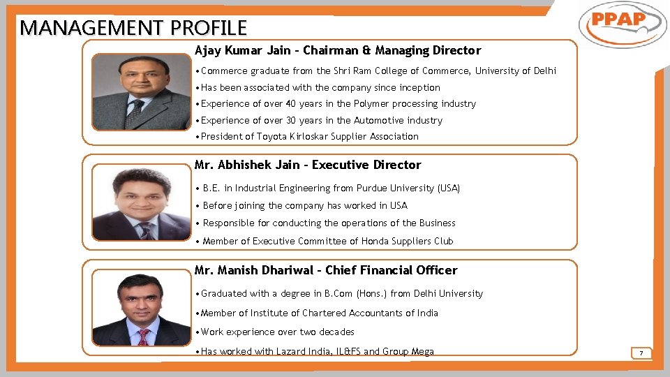 MANAGEMENT PROFILE Ajay Kumar Jain - Chairman & Managing Director • Commerce graduate from