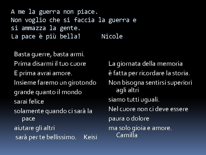 A me la guerra non piace. Non voglio che si faccia la guerra e