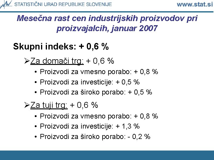 Mesečna rast cen industrijskih proizvodov pri proizvajalcih, januar 2007 Skupni indeks: + 0, 6