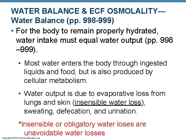 WATER BALANCE & ECF OSMOLALITY— Water Balance (pp. 998 -999) • For the body WATER BALANCE & ECF OSMOLALITY— Water Balance (pp. 998 -999) • For the body