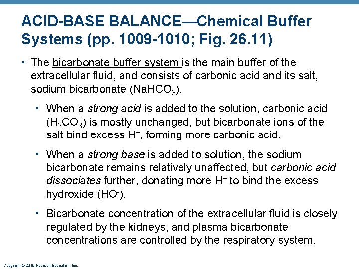 ACID-BASE BALANCE—Chemical Buffer Systems (pp. 1009 -1010; Fig. 26. 11) • The bicarbonate buffer ACID-BASE BALANCE—Chemical Buffer Systems (pp. 1009 -1010; Fig. 26. 11) • The bicarbonate buffer